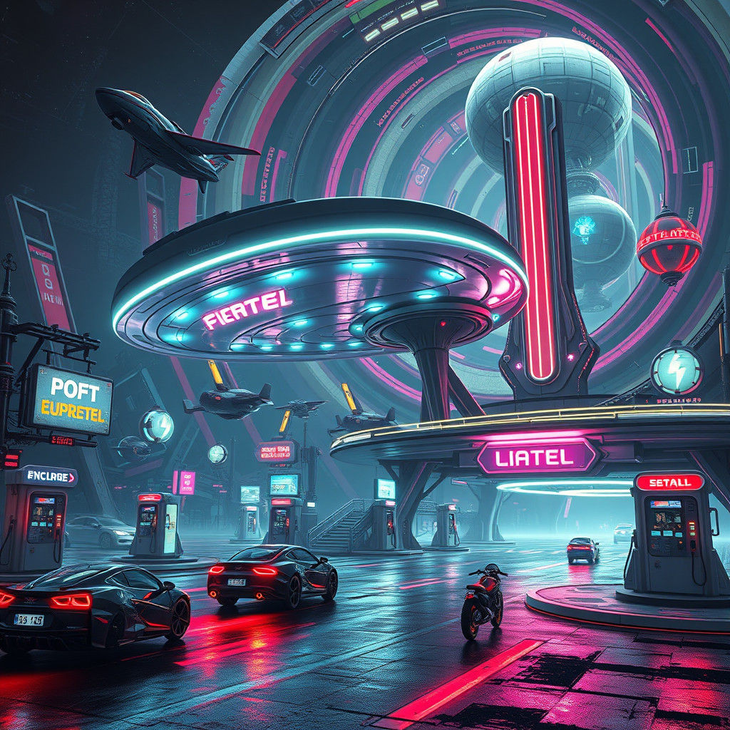 Futuristic Alien Fuel Station in Surreal Sci-Fi Style