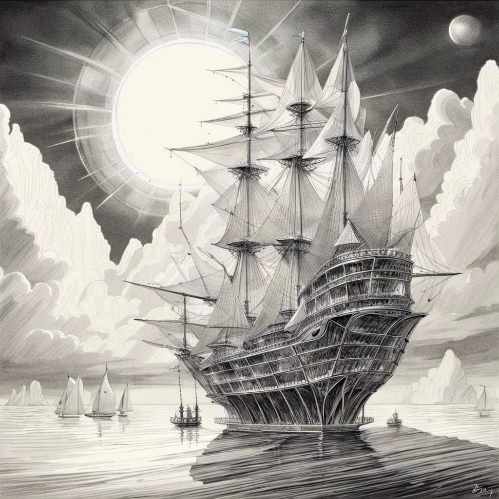 Crystal Ship in Heavenly Sunshine: Pen and Ink Art