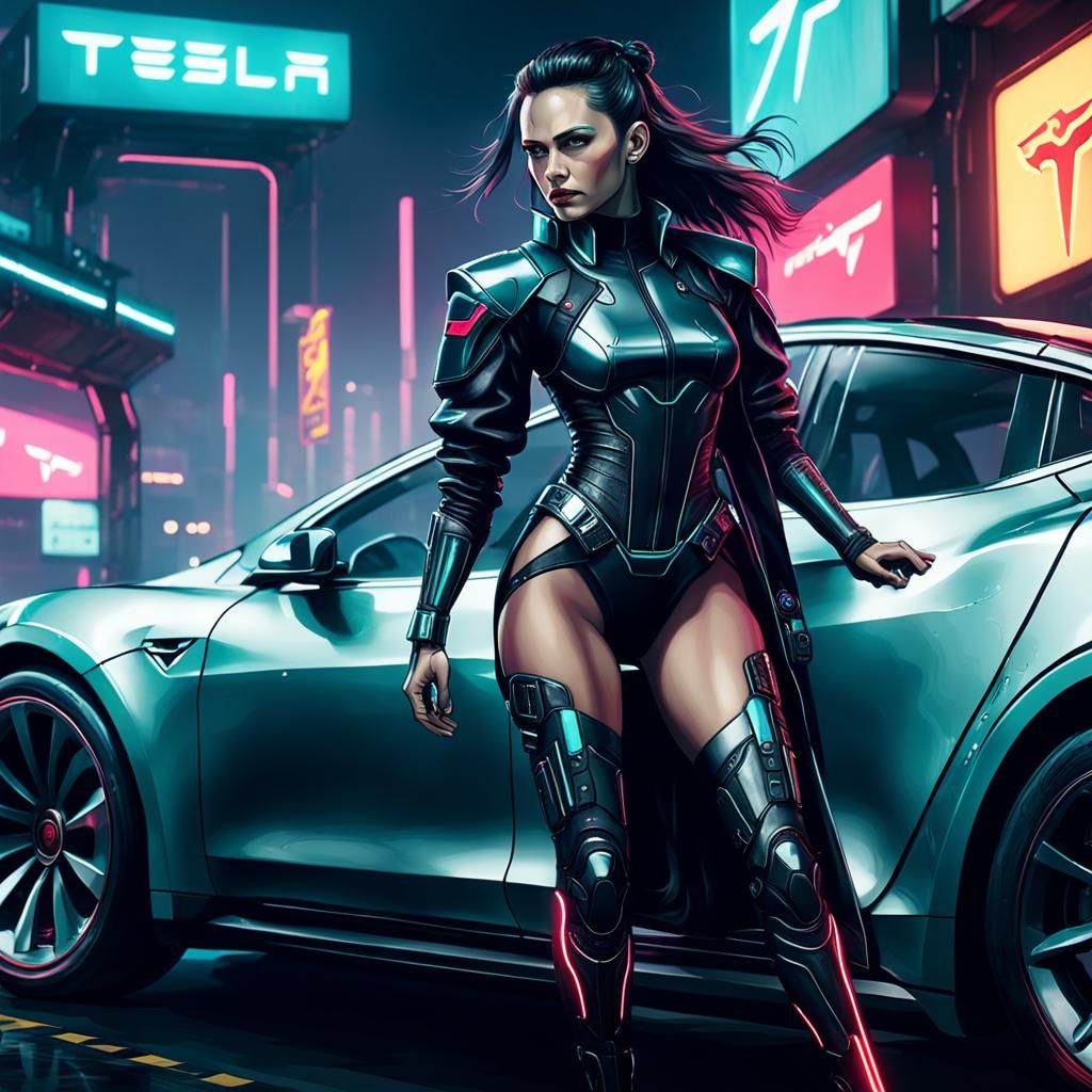 Cyberpunk Mistress Rides Neon Tesla in 2099