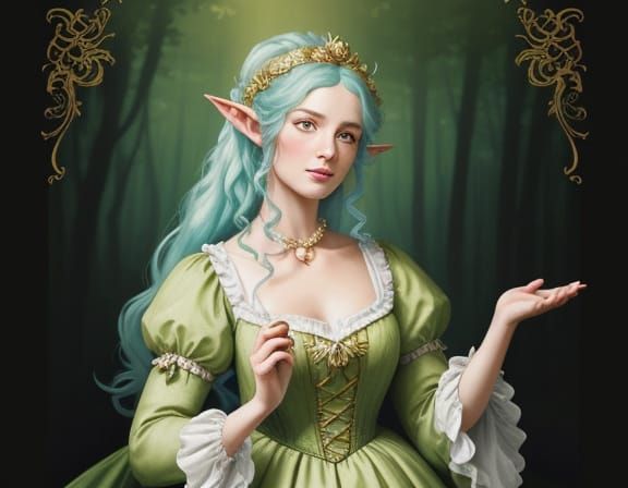 Elf Mage in Forest, Rococo Watercolor Illustration