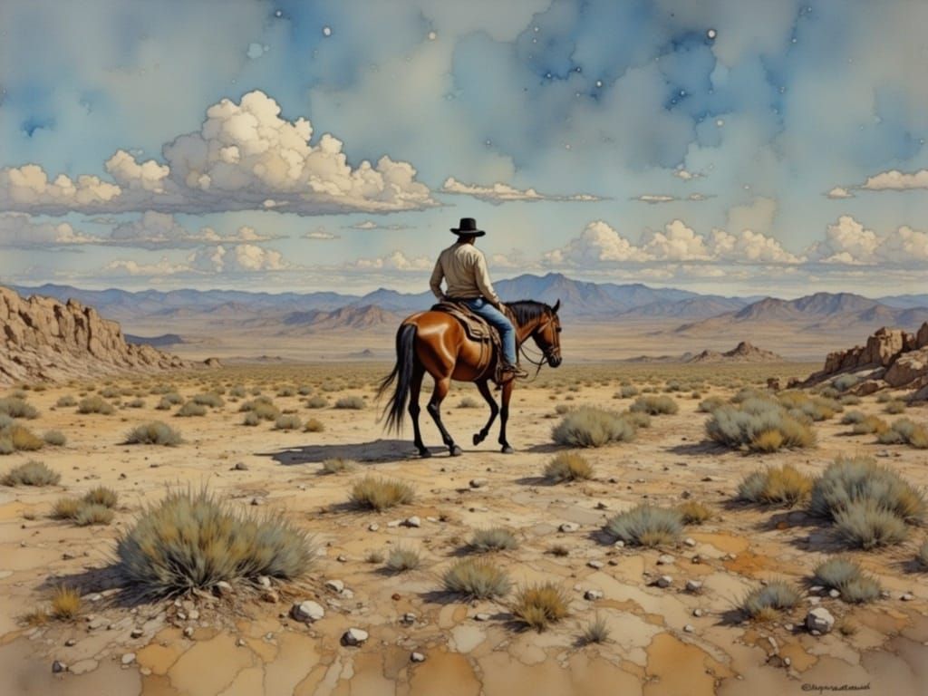 Cowboy Rides Through Tabernas Desert in Painterly Style