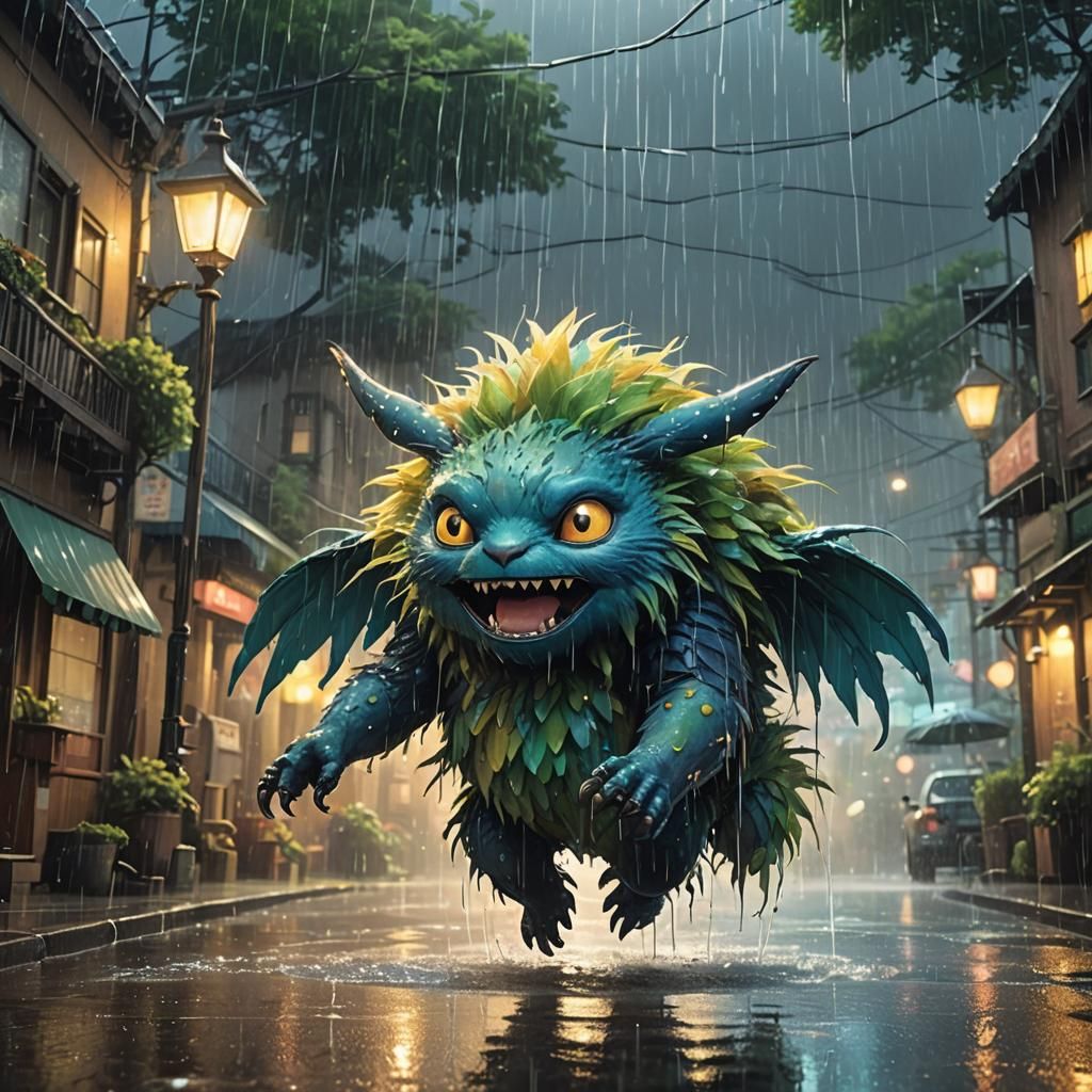 Cute Monster in the Rain, Studio Ghibli Style