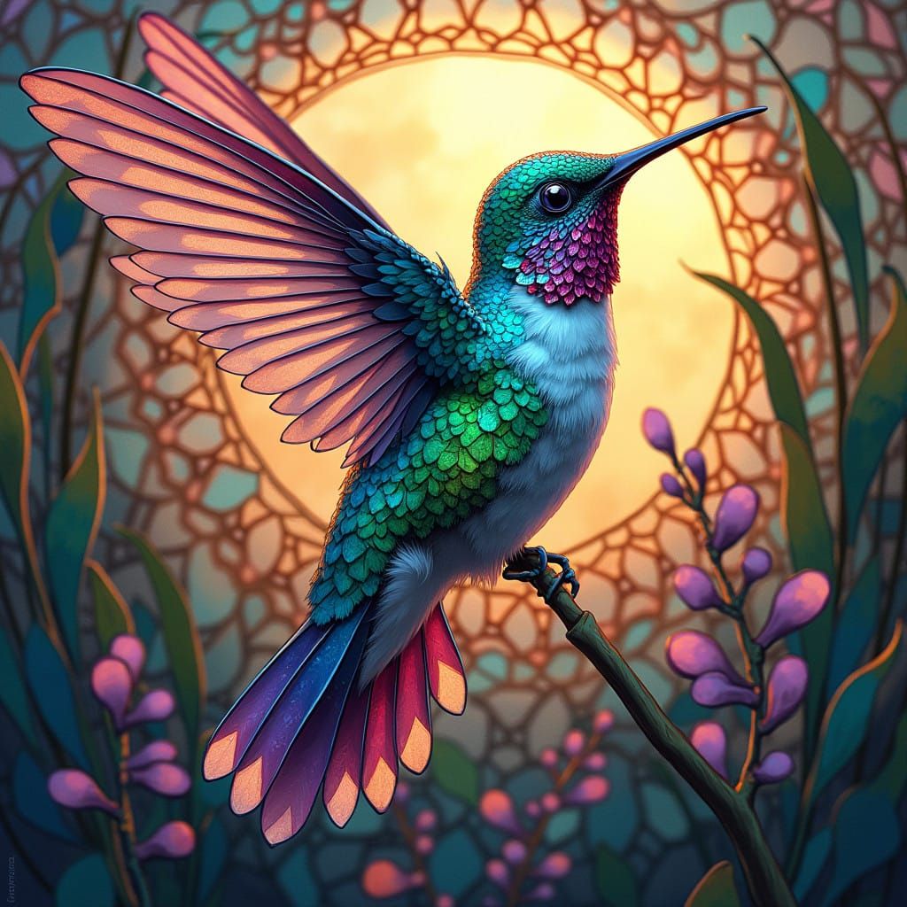 Iridescent Hummingbird in Art Nouveau Stained Glass