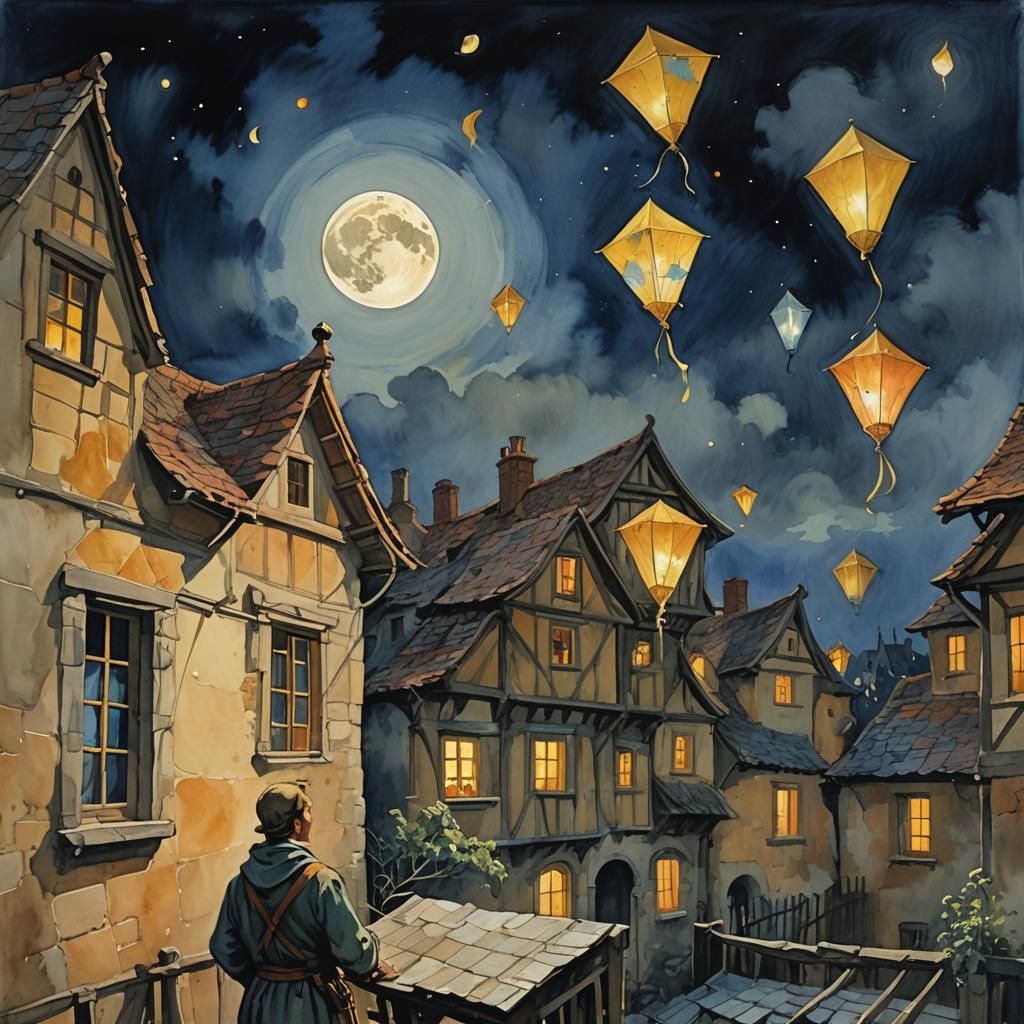 Medieval Man Watching Night Kites: Gouache Impressionism