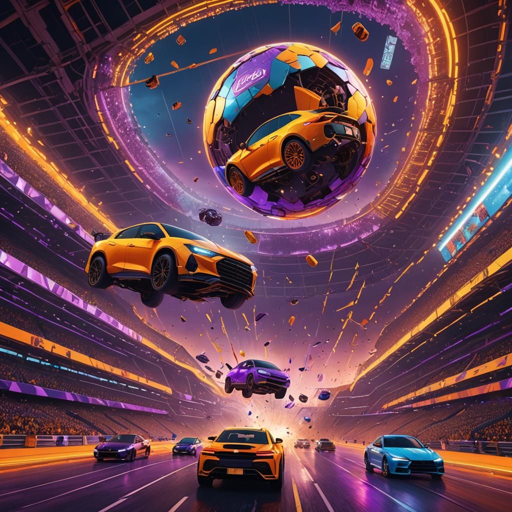 Cars Crashing into Ball in Stadium: Matte Painting