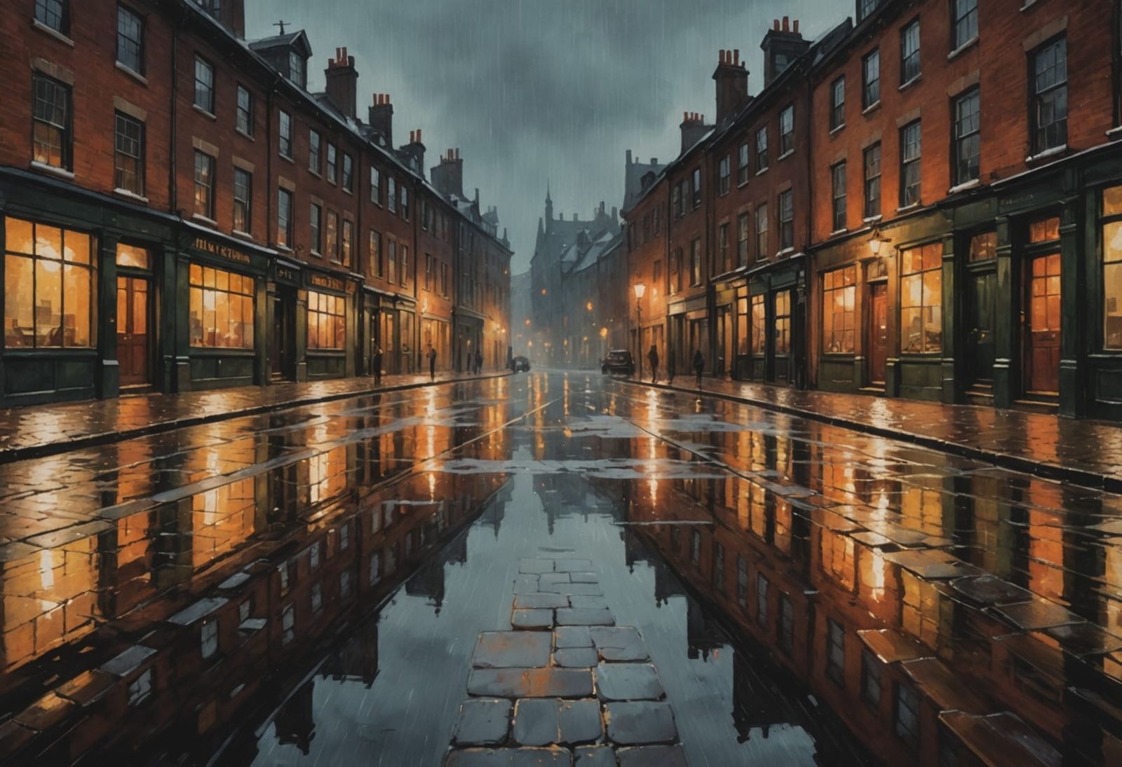Rainy Night Cobblestone Street with Streetlight Reflections