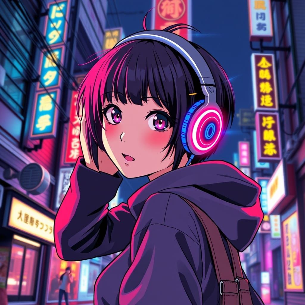 Anime Ninja Girl in Neon Street