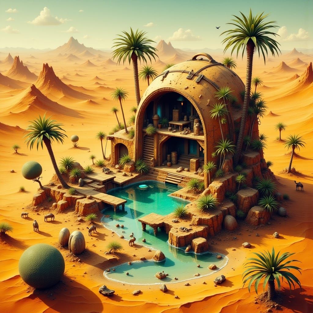 Miniature Desert Oasis with Ancient Artifacts