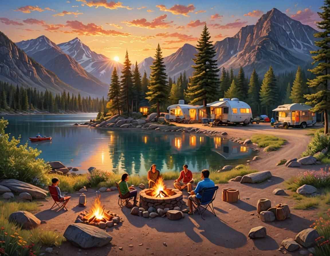 Family Lakeside Camping with Mountain View Painting