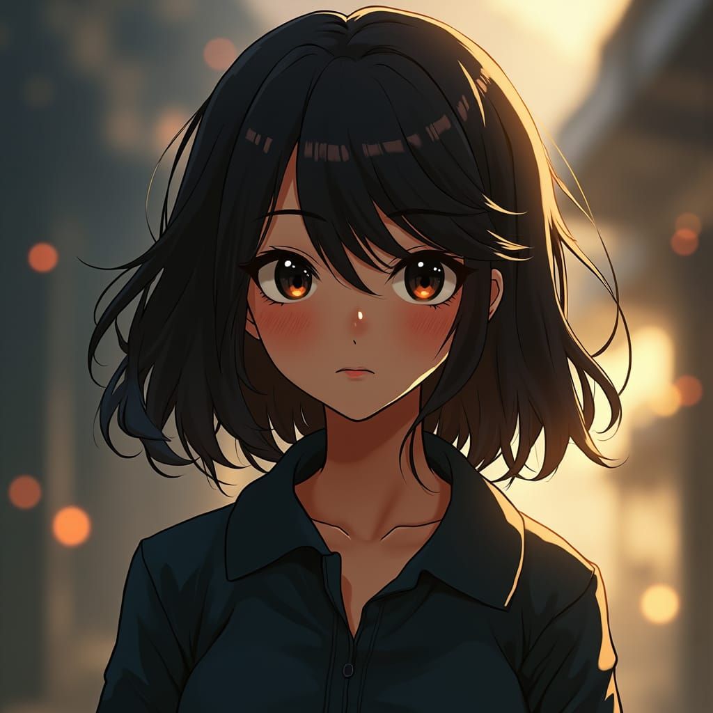 Anime-Style Brunette with Realistic Details and Moles