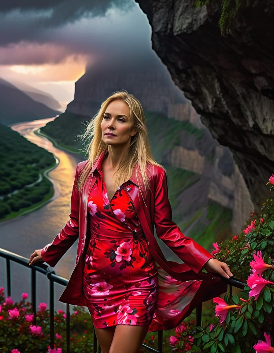 Renaissance Woman in Red Dress at Sunset
