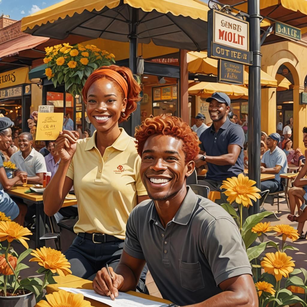 Woman on Flower in Restaurant: Photorealistic Digital Art