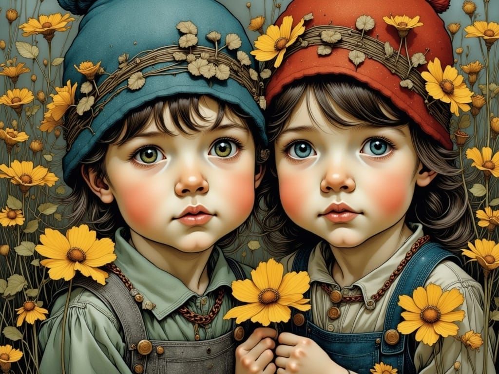 Intricately Detailed Autumn Portrait of Toddler Siblings in ...