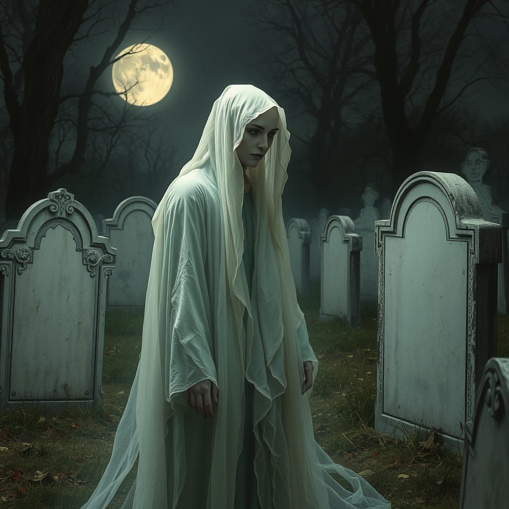 Ethereal Ghost Amidst Forgotten Tombstones in a Haunting Moo...
