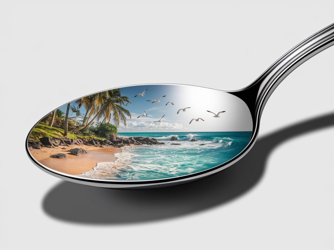 Tropical Beach Reflected in Silver Spoon