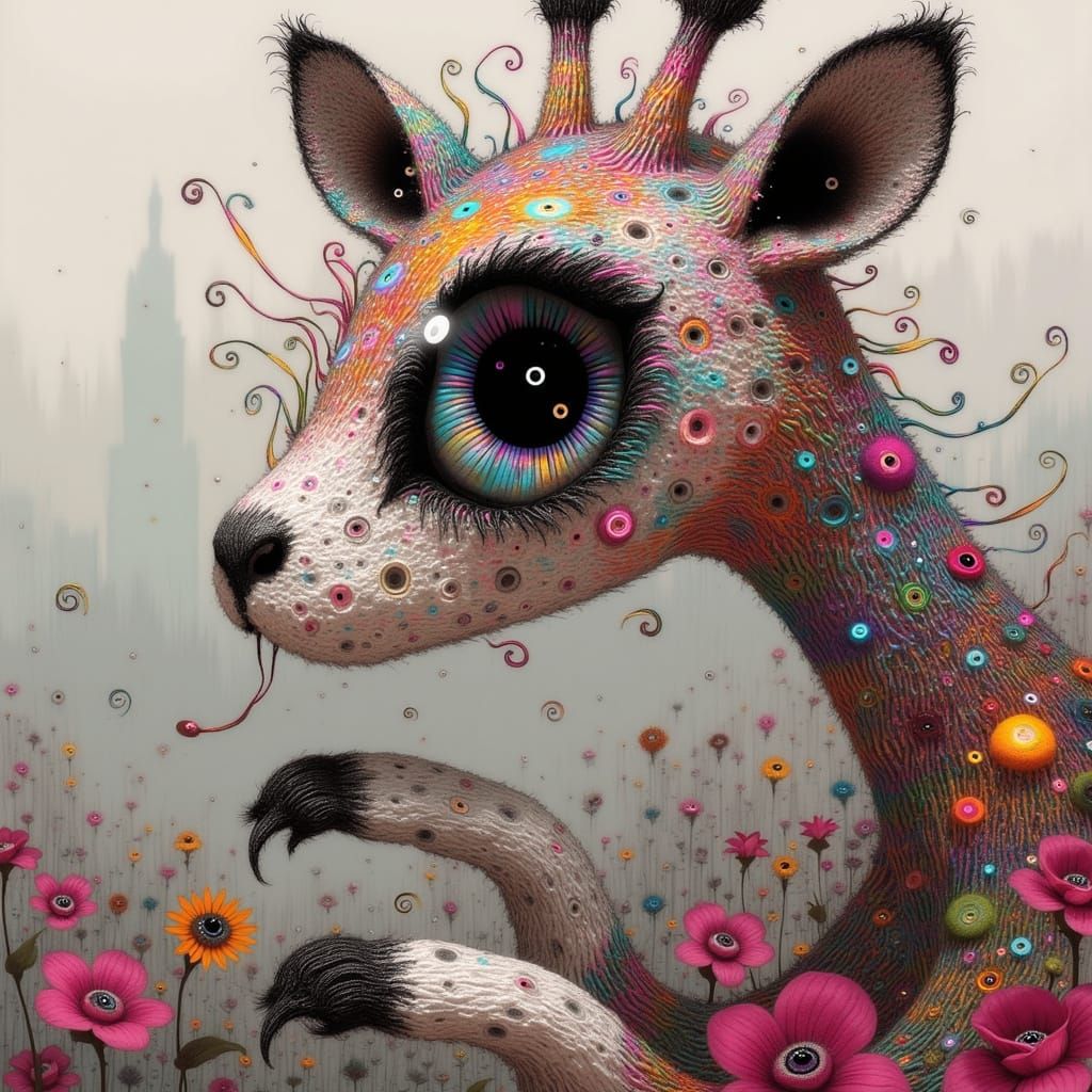 Biomechanical Cat-Giraffe Hybrid in Vibrant, Dreamlike Lands...