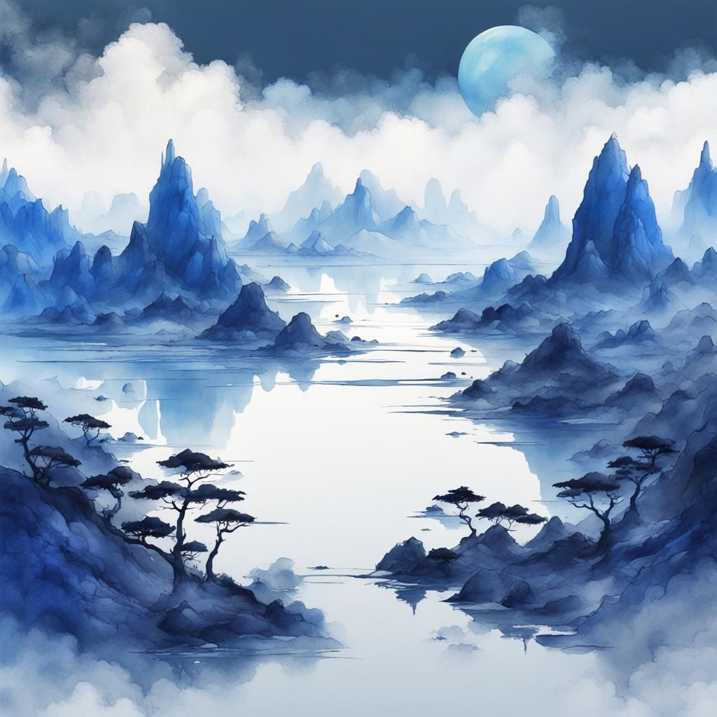 Blue Minimalist Landscape in Watercolor Pastel Style