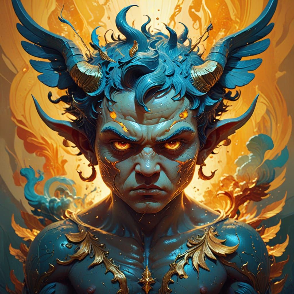 Epic Liquid Art Portrait of an Angry Cherub with Neon Horns