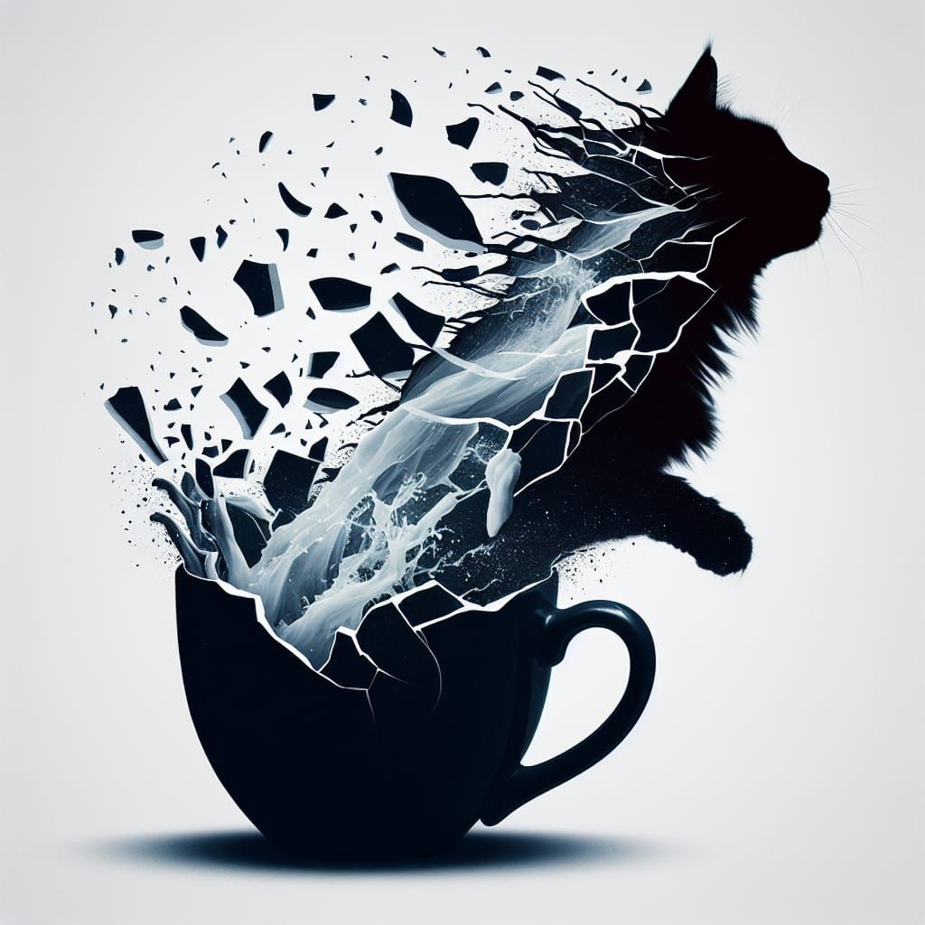 Surreal Double Exposure of Cat Stretching with Shattering Cu...