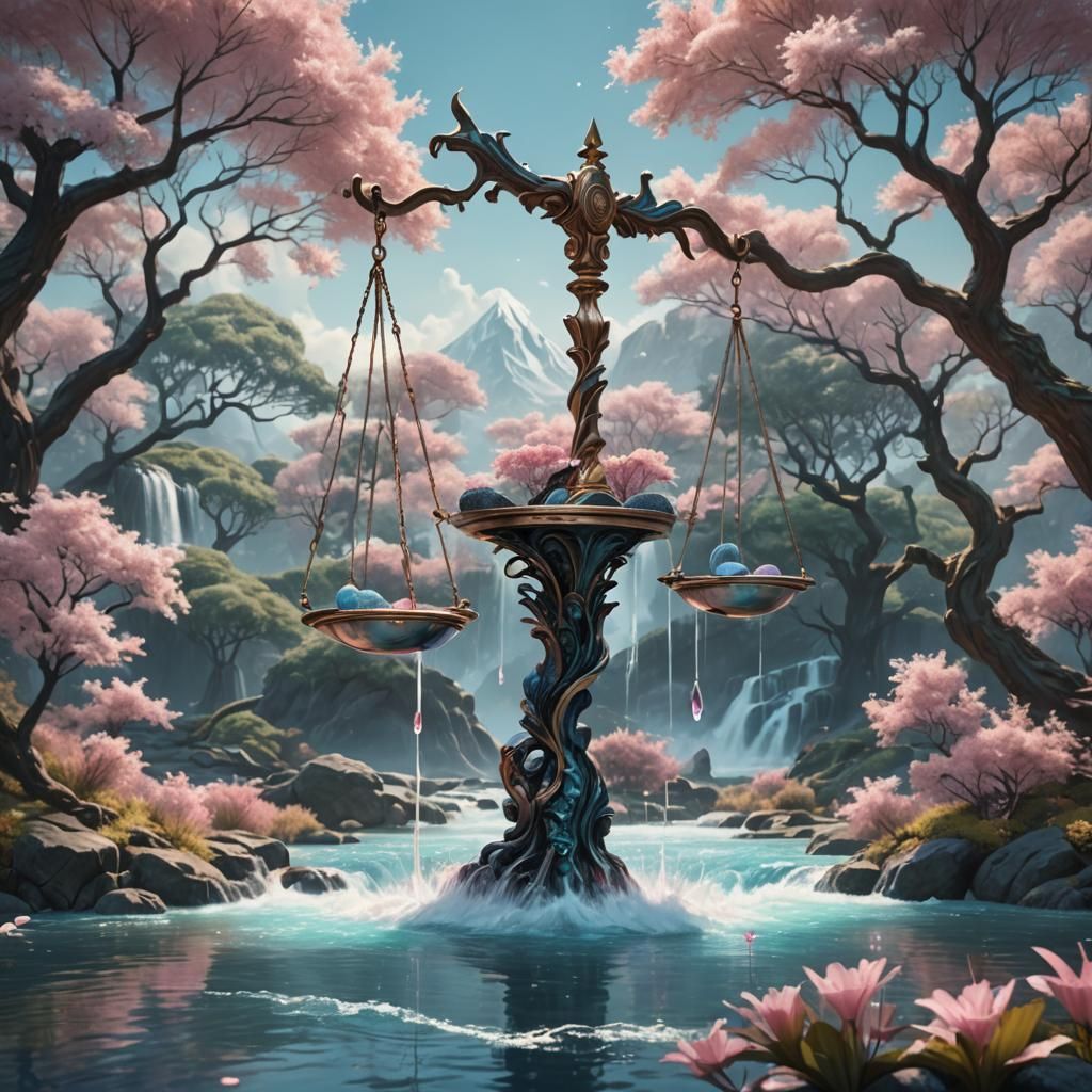 Libra Scales Over Calm Landscape, Fantasy Concept Art