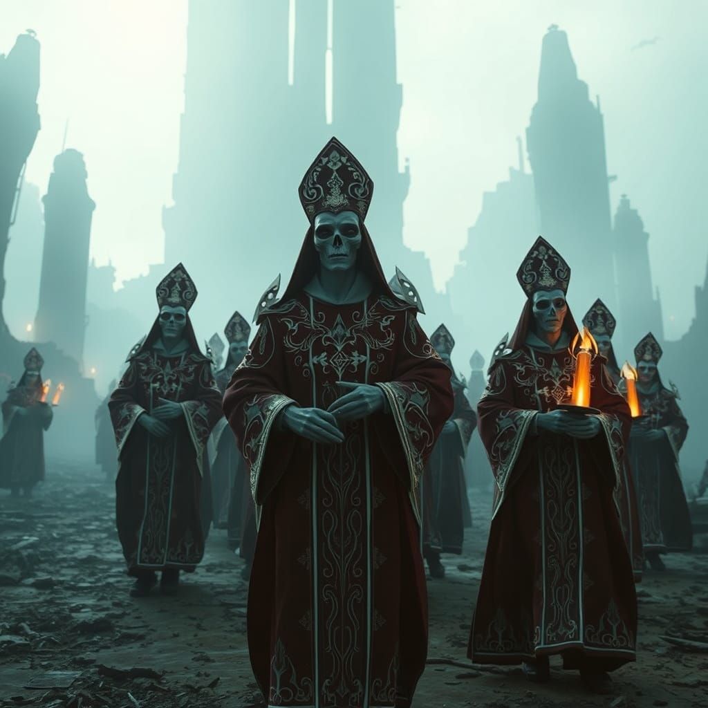 Ethereal Procession in Ruined Alien Cityscape