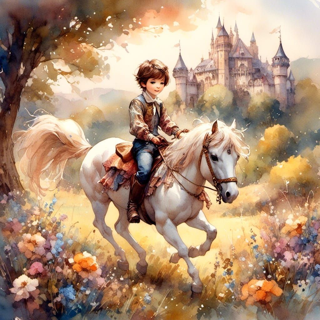 Boy Jockey and Pony in English Meadow: Watercolor