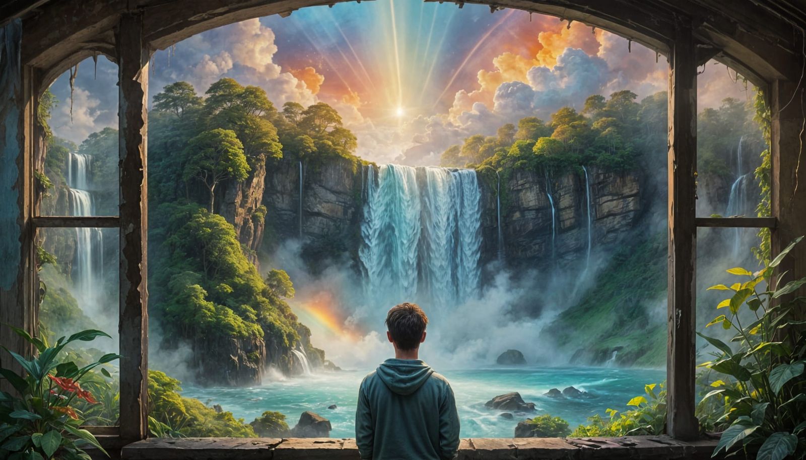 Ethereal Faun in a Dreamlike Waterfall Landscape