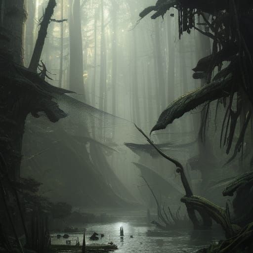 Detailed Carboniferous Swamp in Dark Fantasy Style