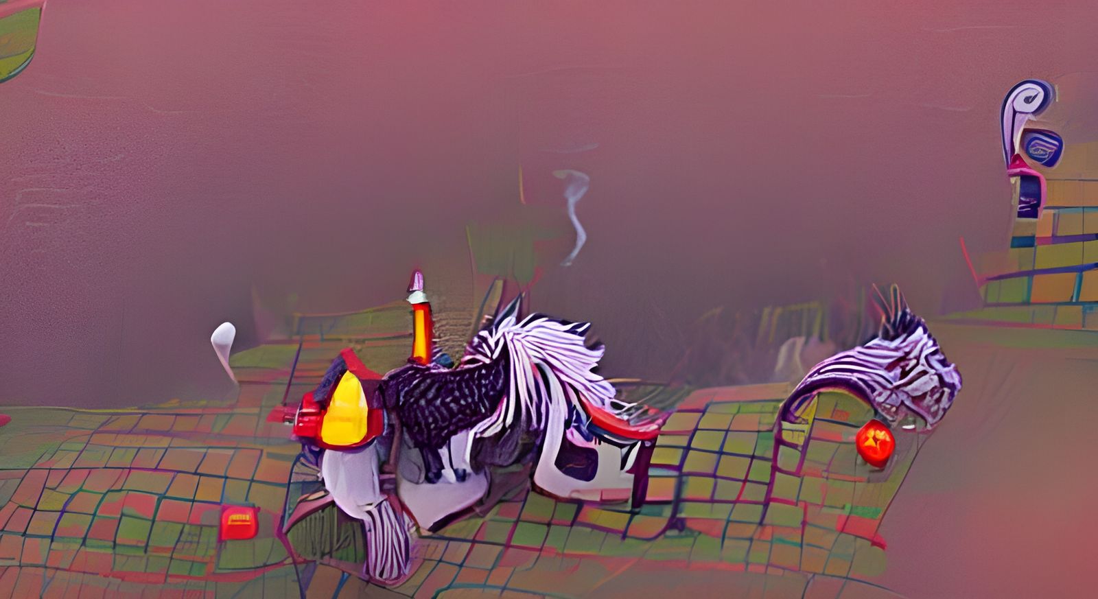 Surreal Spooky Castle Golf Scene with Horse and Rooster