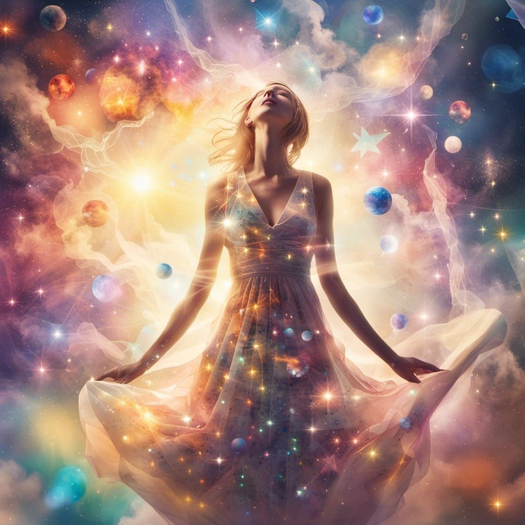 Ethereal Woman in Space with Mirrored Dress