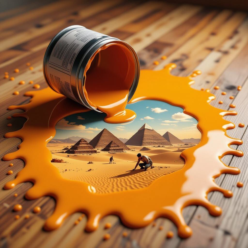 Surreal Desert Landscape Inside Orange Paint Puddle