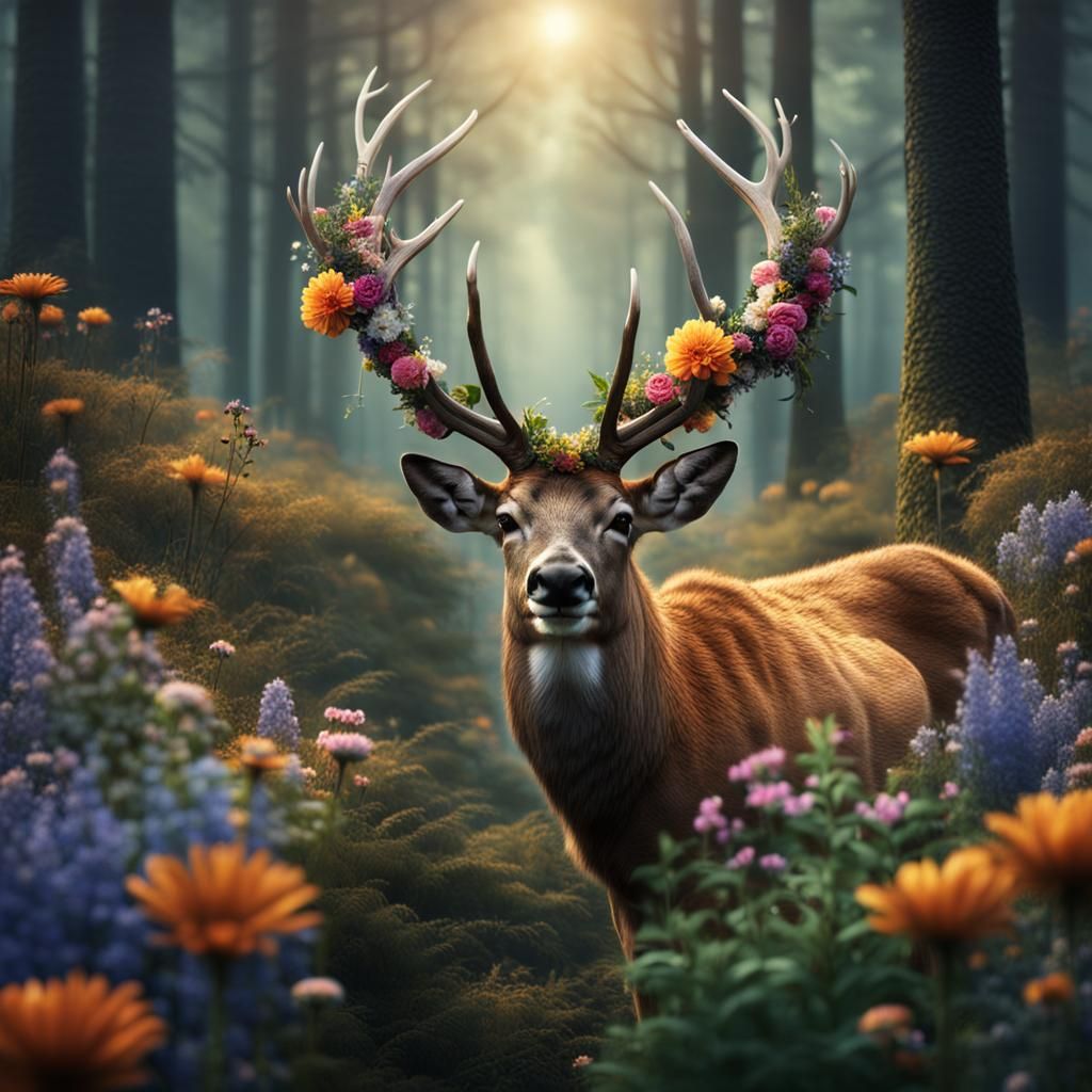 Deer with Floral Antlers in Forest, Digital Painting