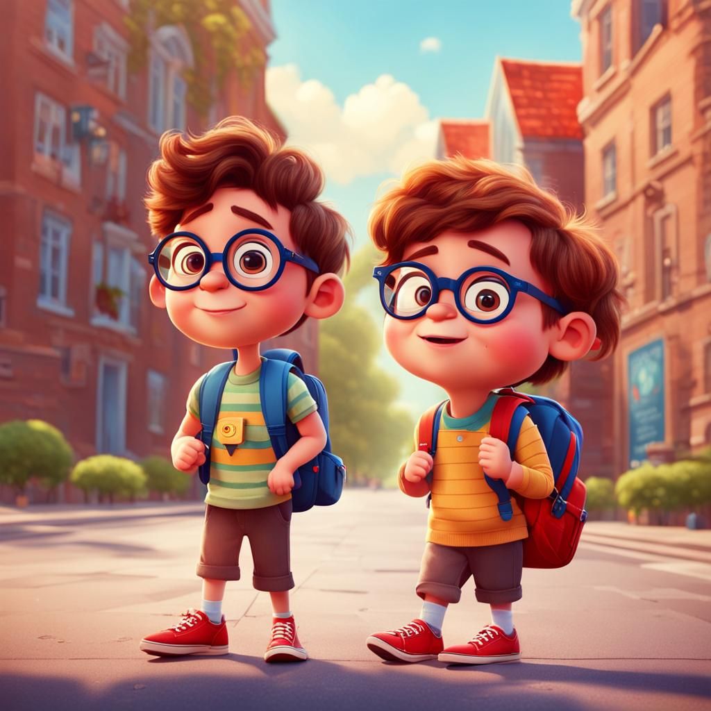 Pixar Style: Two Cute Kids Going to School