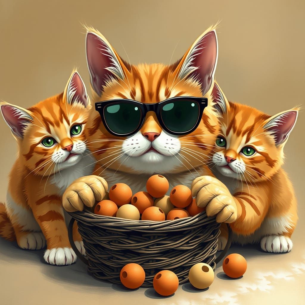 Rouge Cat in Black Eyeglasses with Kitten Friends and Food
