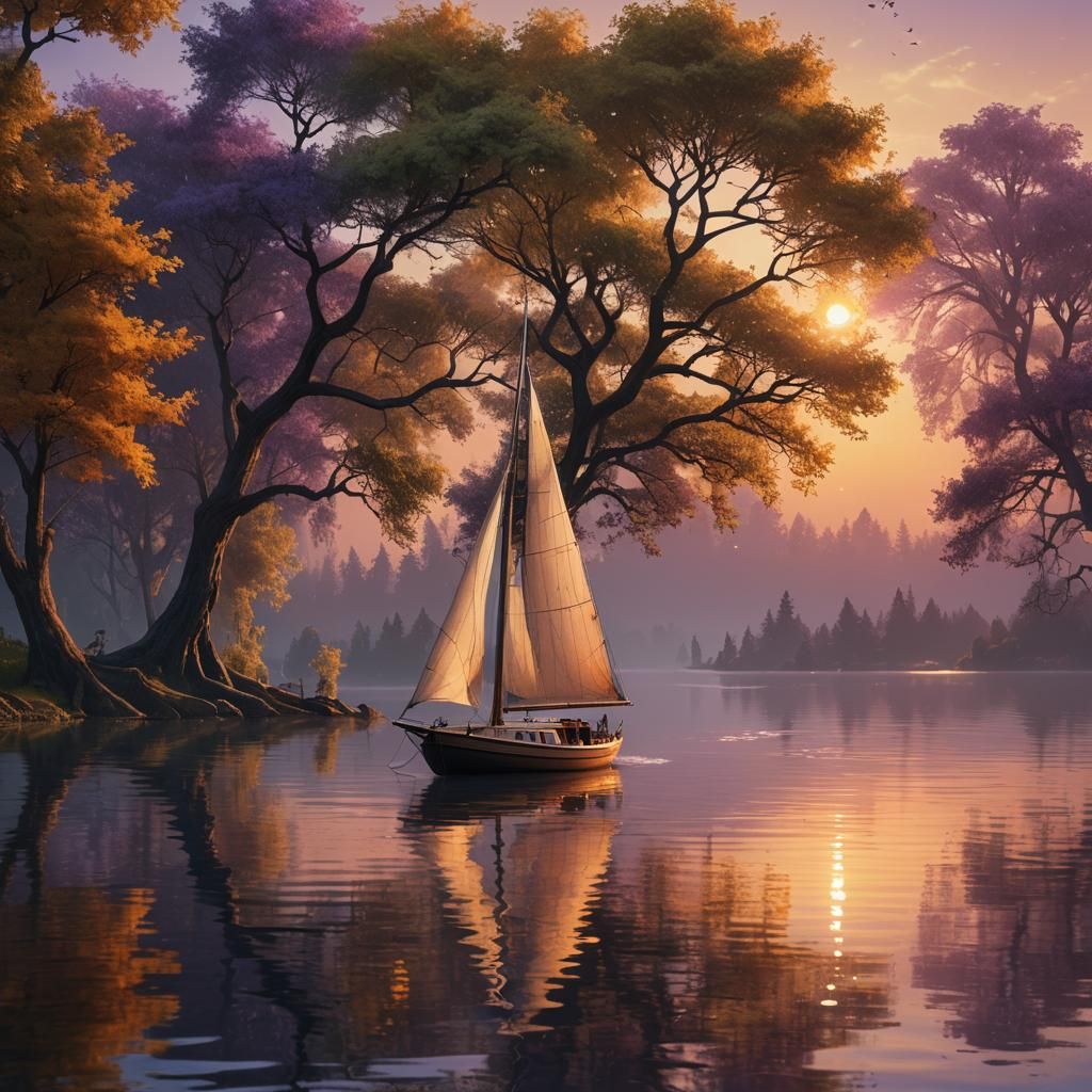 Sailboat on Serene Lake: Vibrant Digital Matte Painting