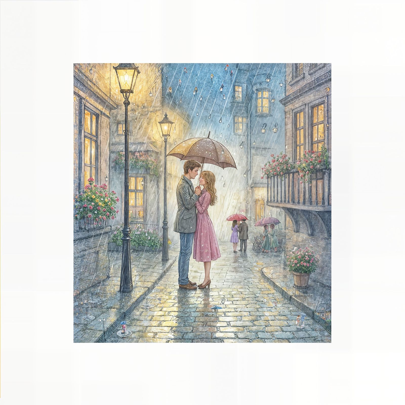 Romantic Couple in Rainy Street, Watercolor Painting
