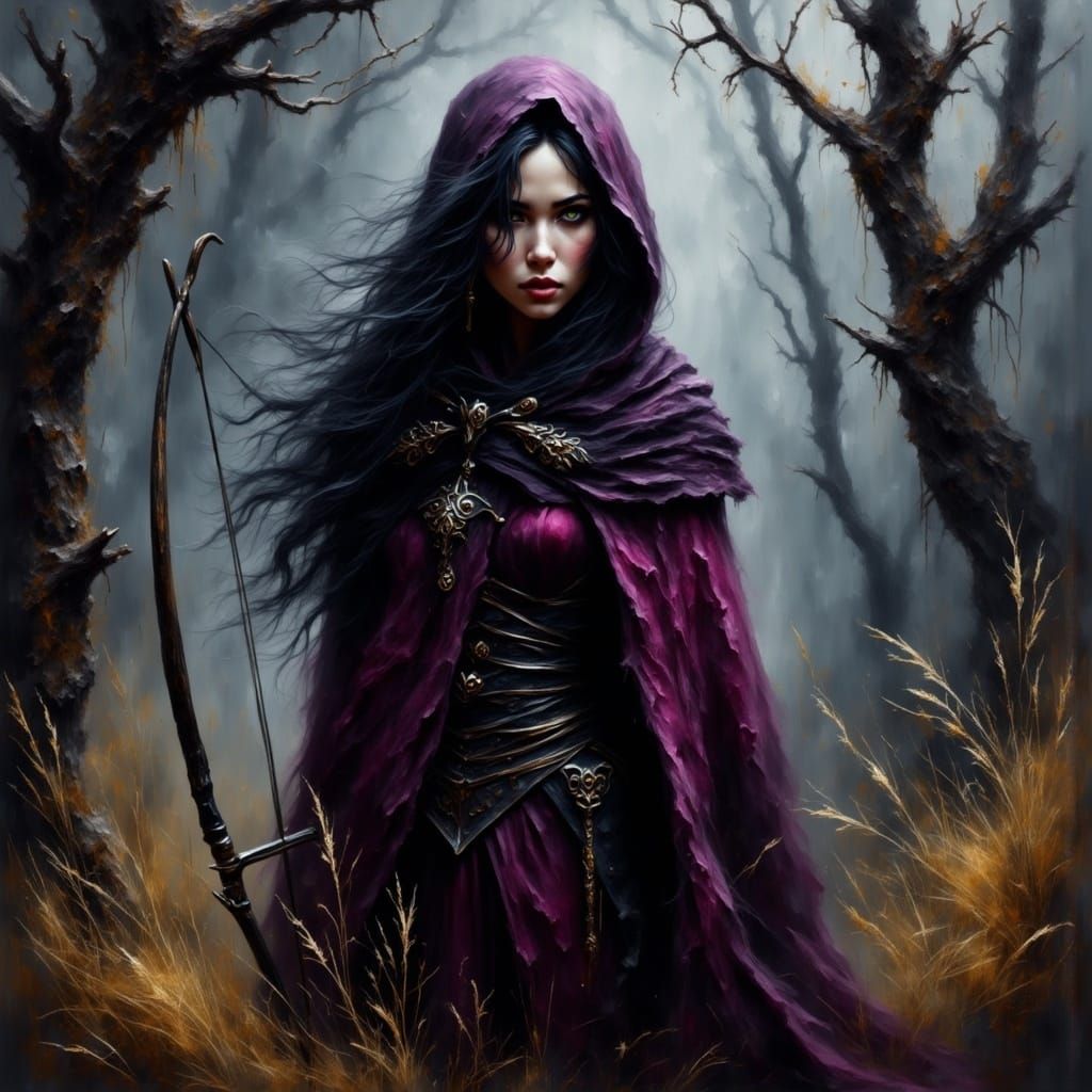 Dark Fantasy Huntress in Crimson Velvet and Ethereal Silver