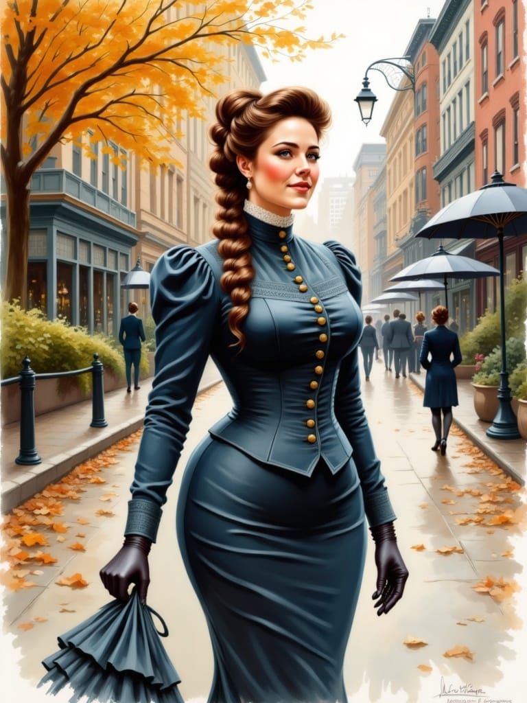 Elegant Victorian Lady Strolls through Modern City