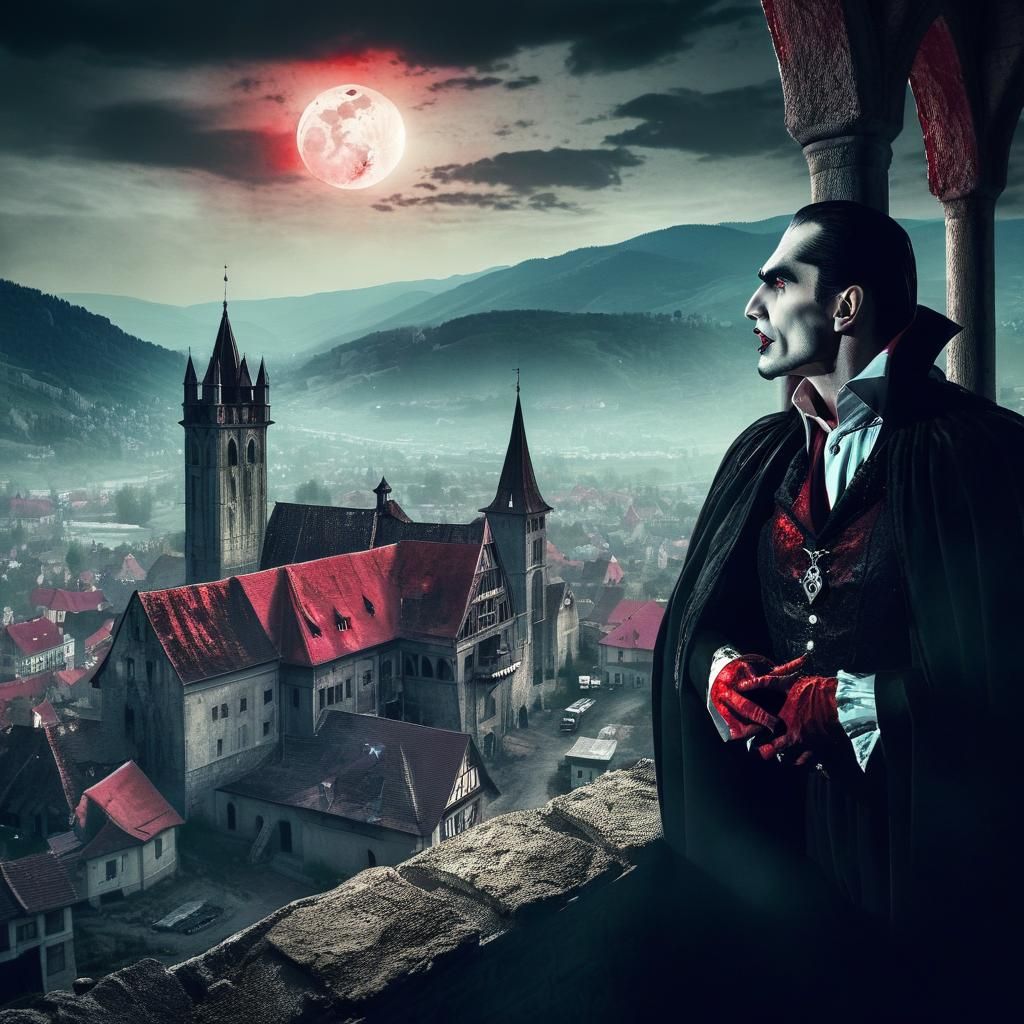 Dracula Overlooking Transylvania in Gothic Horror Style