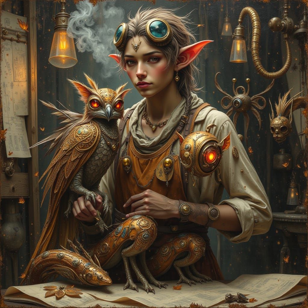 Elf in Steampunk Workshop, Oil Painting Style