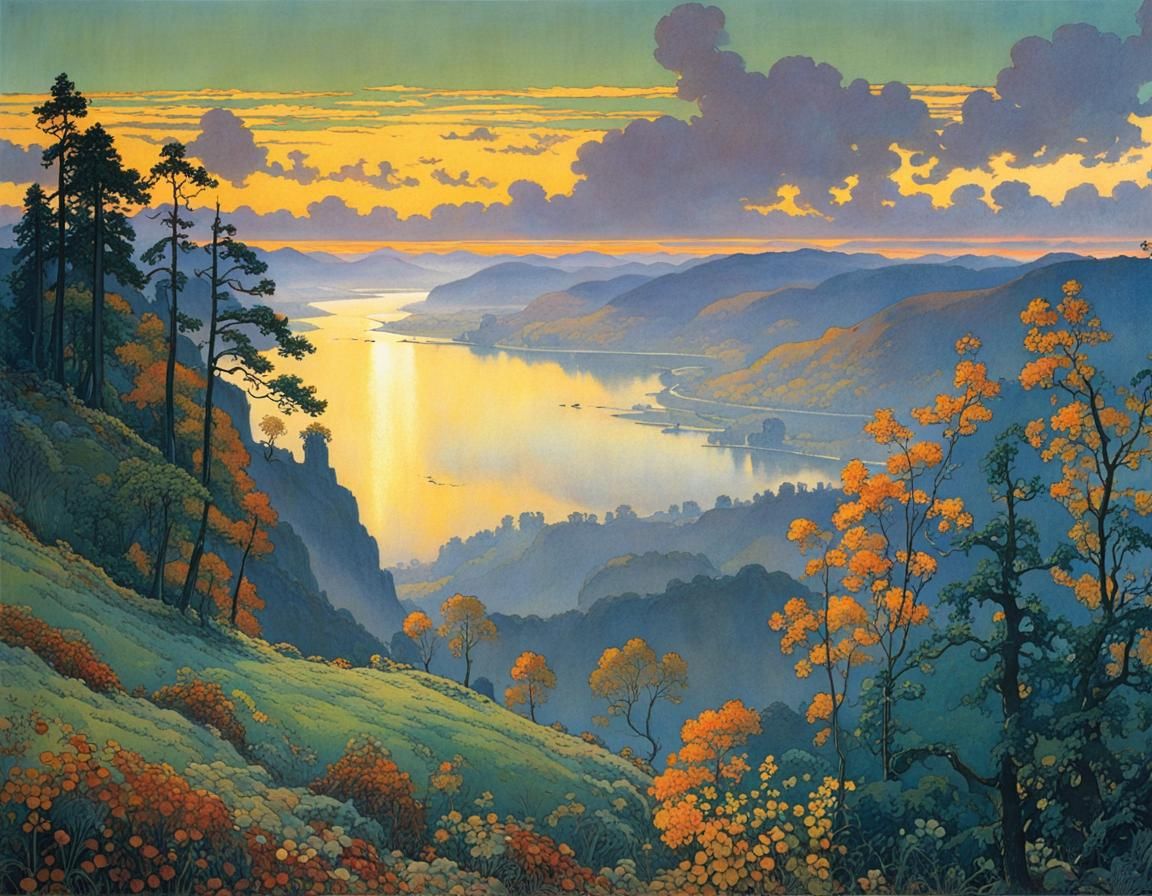 Surreal Autumn Scene with Intricate Foggy Valley Landscape