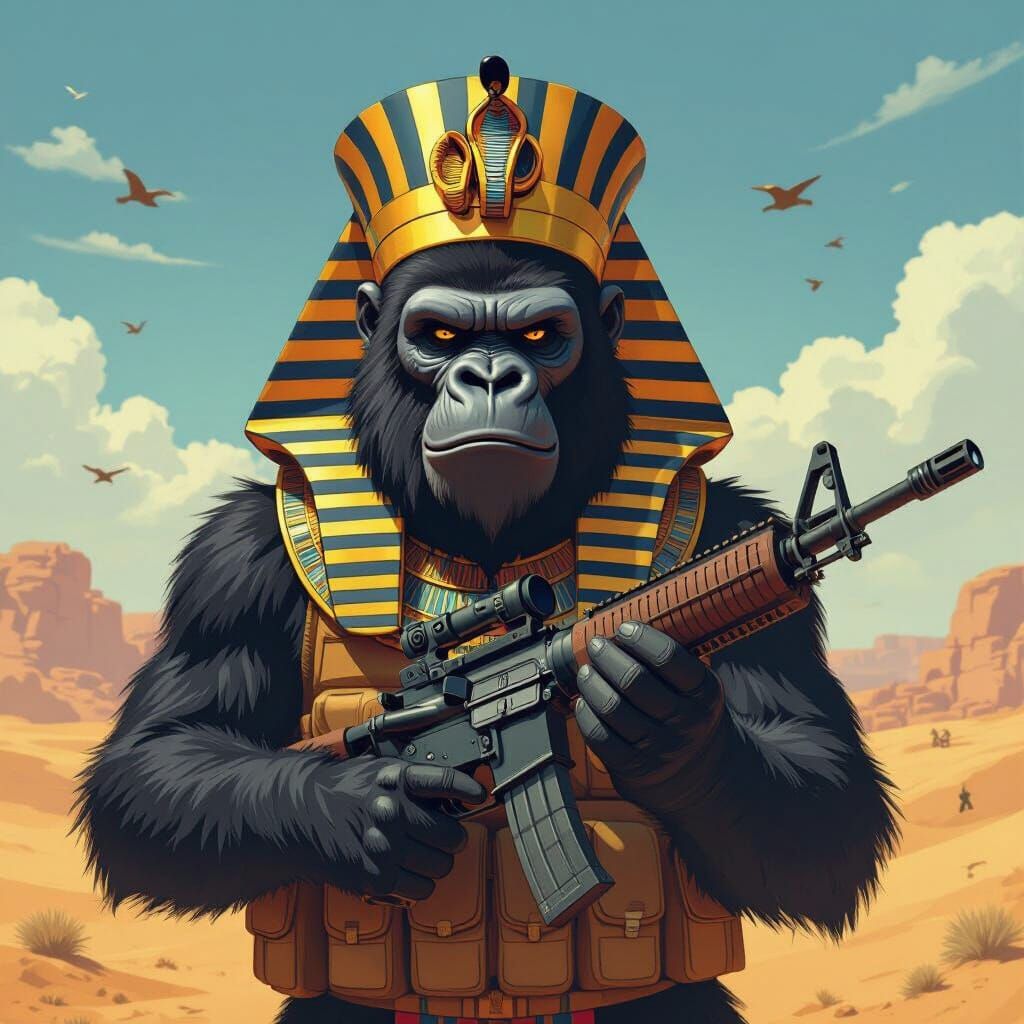 Humorous Egyptian Gorilla Pharaoh on Battlefield