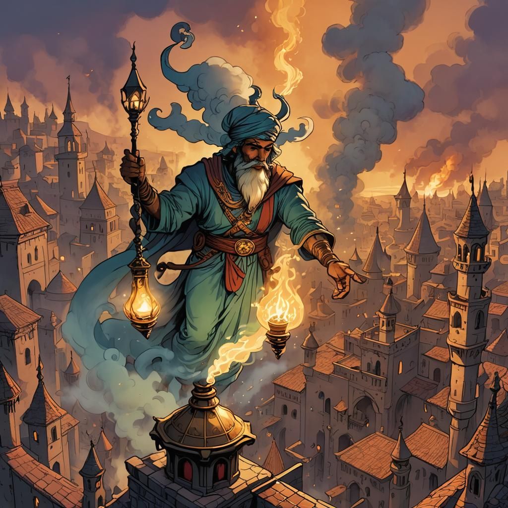 Efreet Manifesting: Retro D&D Storybook Illustration