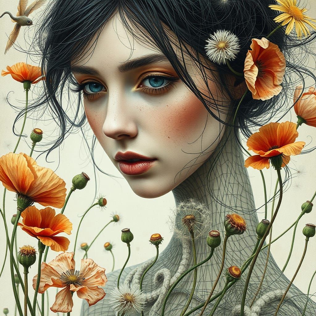 Surreal String Woman Portrait in a Floral Garden