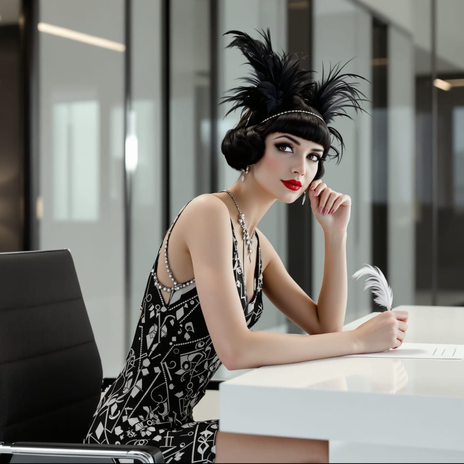 Flapper Girl in Modern Office, Photorealistic Style