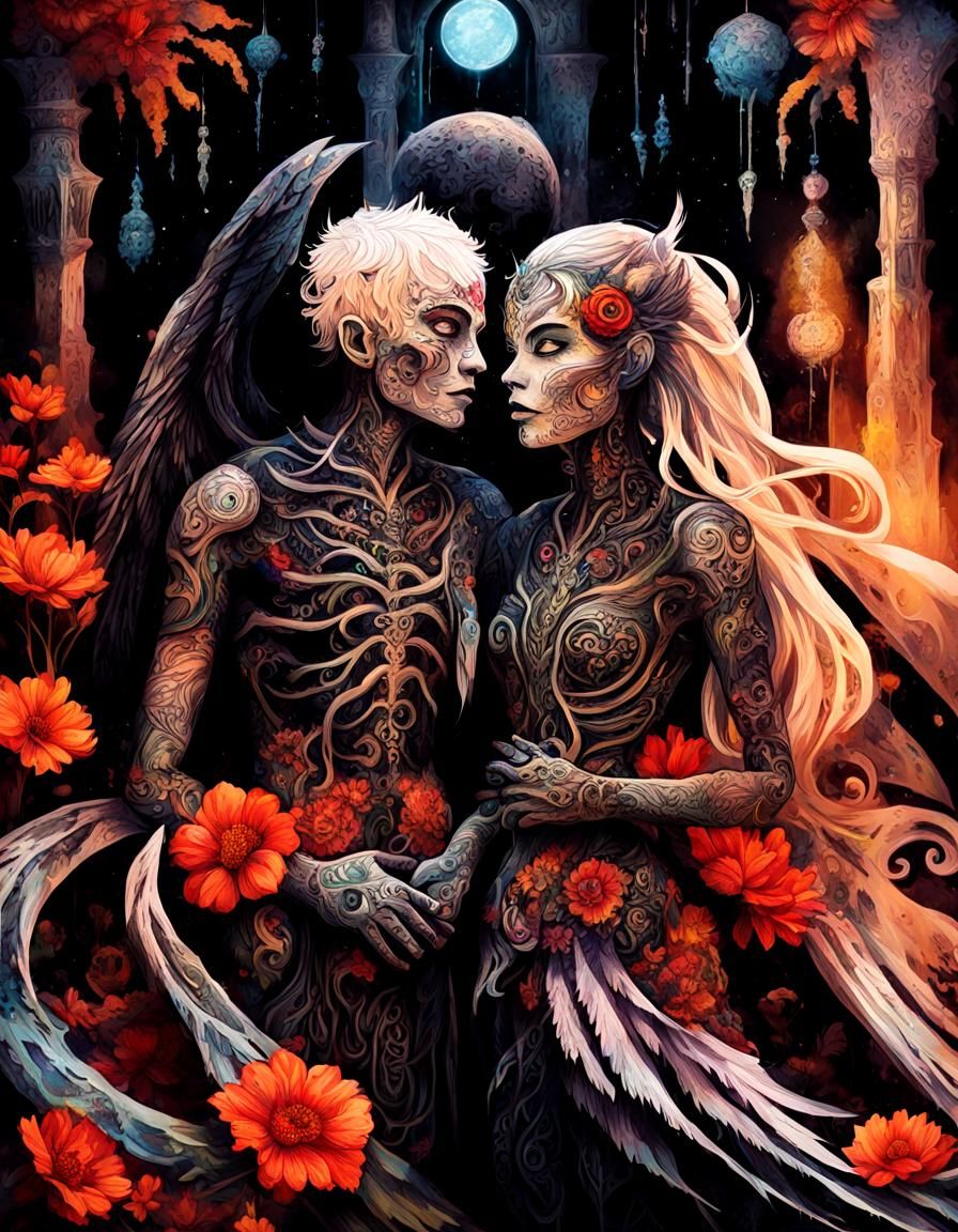 Psychedelic Plant Monster Couple in Tribal Tattoo Style