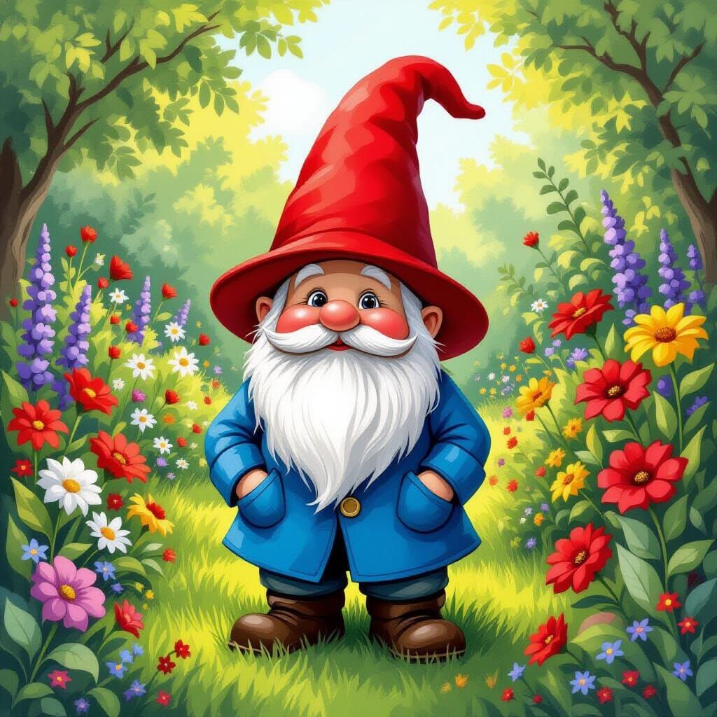 Whimsical Garden Gnome in Lush Flower Garden