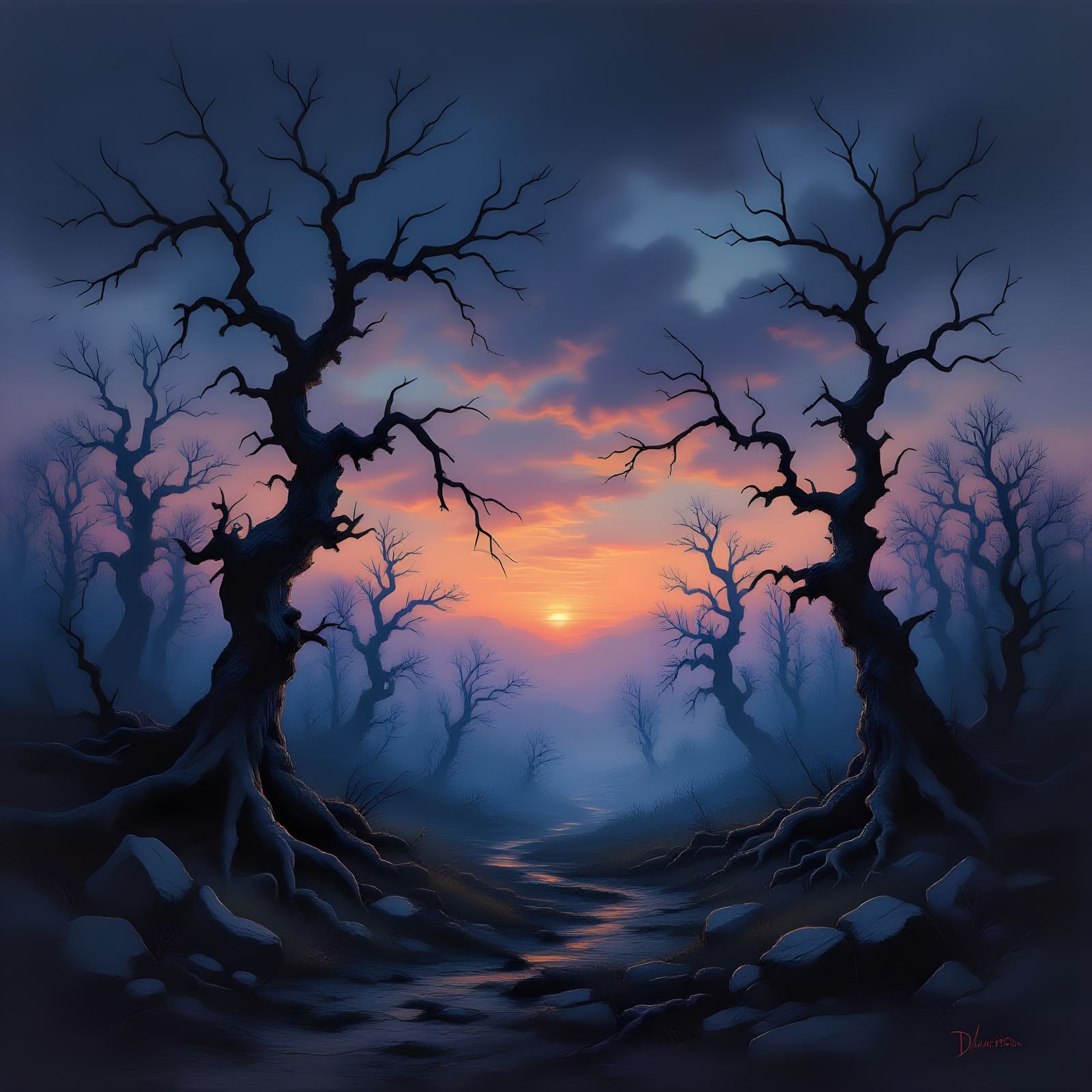 Romantic Oil Landscape of Haunted Forest at Dusk