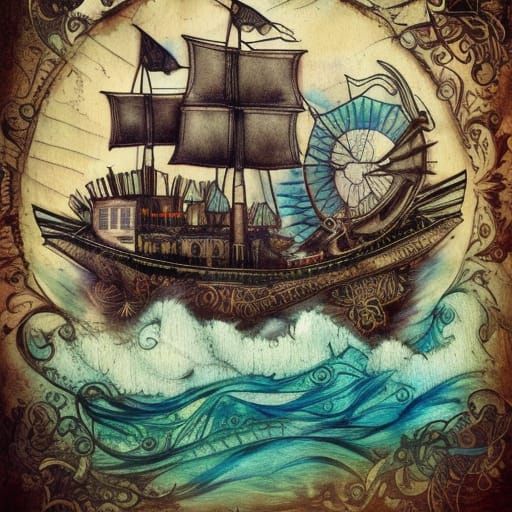 Detailed Pirate Ship Collage in Boho Art Style
