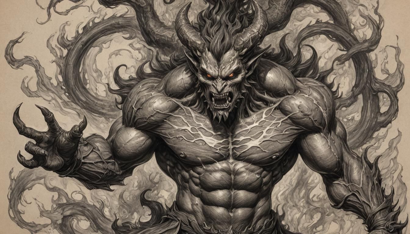 Detailed Black-and-White Sketch of Fiery Demon Ifrit